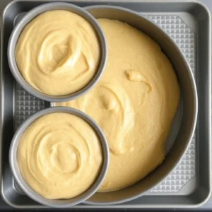Divide the batter evenly between the two prepared cake pans. Smooth the tops with a spatula. (1)