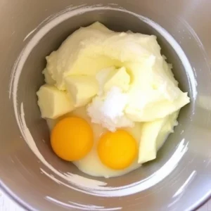 In a large mixing bowl, cream together the butter and sugar until fluffy. Add in eggs one at a time, beating well after each addition.