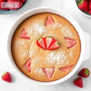 Let the cake cool in the dish for about 10 minutes before serving. Garnish with fresh strawberries or a dusting of powdered sugar, if desired.