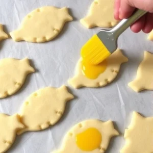 Lightly beat the egg and brush the tops of the fish shaped biscuits with the egg wash for a golden finish.