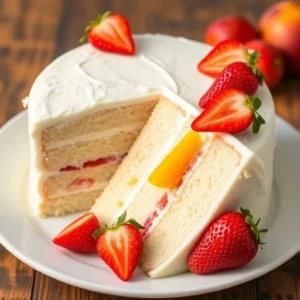 Slice and serve your Peruvian white cake with strawberries and mango, enjoying the tropical flavors