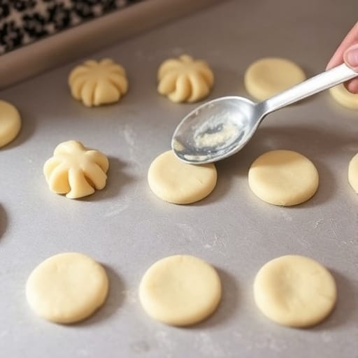 Spoon small portions of the dough onto the baking sheet, shaping them into flat circles about 2 inches in diameter.