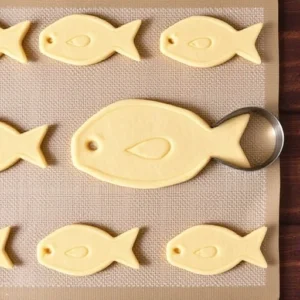 Use a fish-shaped cookie cutter to cut out fish shapes from the dough and place them on the prepared baking sheet.