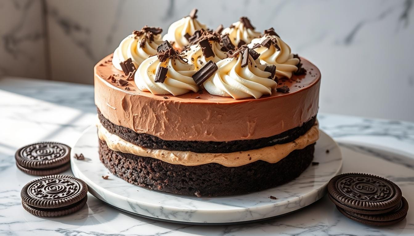 chocolate peanut butter mousse cake with oreo crust