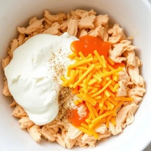 In a large bowl, mix the shredded chicken, Greek yogurt, cream cheese, buffalo sauce, garlic powder, and half of the cheddar cheese. Stir until well combined.