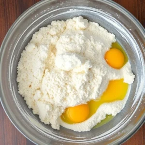 In a large mixing bowl, combine cottage cheese, almond flour, egg, mozzarella