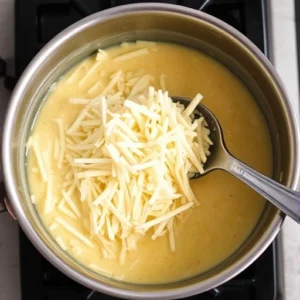 Lower the heat and add in the shredded white American cheese. Stir until the cheese is fully melted and the sauce is smooth.