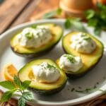 Raw Cheese Stuffed Avocados, natural lighting, creamy plating