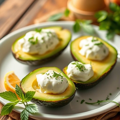 Raw Cheese Stuffed Avocados, natural lighting, creamy plating