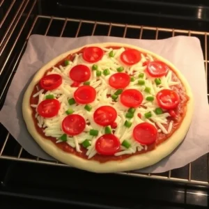 Remove from the oven and add your favorite pizza toppings. Return the pizza to the oven and bake