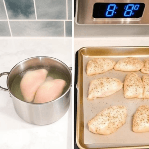 Boil or bake the chicken breasts until fully cooked (around 20-30 minutes depending on your method). Once cooked, shred the chicken using two forks or chop into small pieces