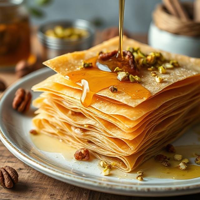 Greek dessert recipe featuring golden phyllo dough with honey, pistachios, and walnuts