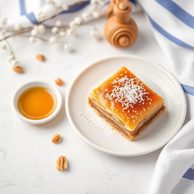 Serving of Greek dessert baklava with honey drizzle and pistachios on a white plate