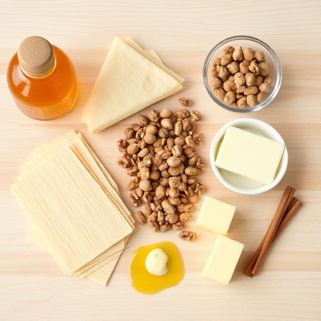 Ingredients for Greek dessert: honey, phyllo dough, walnuts, pistachios, cinnamon