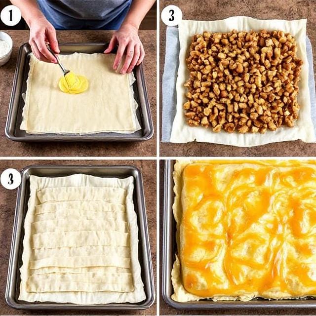 Step-by-step images of making Greek baklava with phyllo dough, butter, and chopped nuts