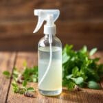 Homemade mosquito spray in a glass bottle with natural ingredients like citronella and lavender