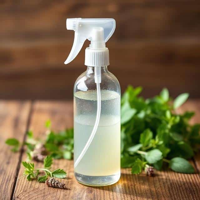 homemade recipe for mosquito spray in a glass bottle with natural ingredients like citronella and lavender