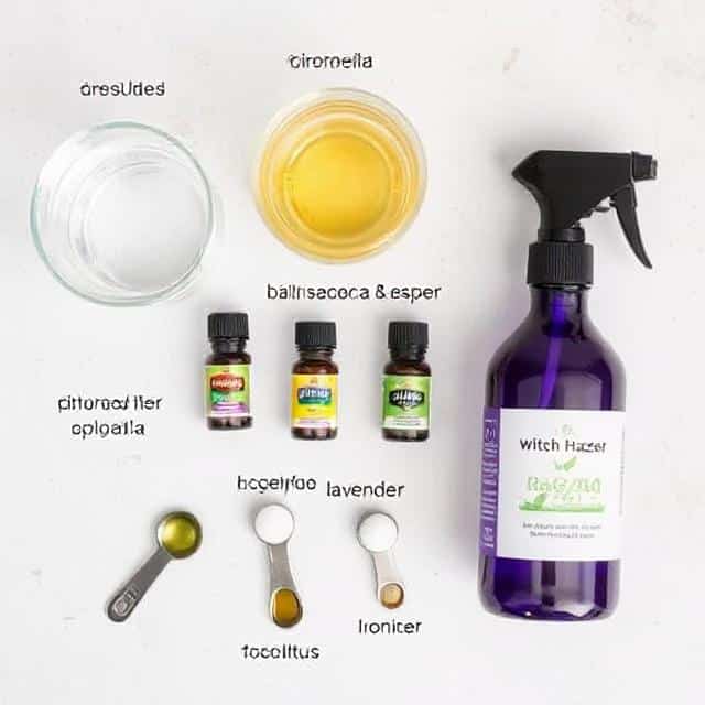 Ingredients for homemade mosquito spray including essential oils and witch hazel
