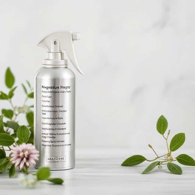 magnesium spray recipe ingredients: magnesium chloride flakes, essential oils, and distilled water next to a glass spray bottle for a relaxing, DIY magnesium spray recipe.