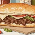 Ground beef Philly cheesesteak sandwich with melted provolone, onions, and peppers on a hoagie roll