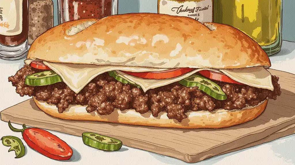 Ground Beef Philly Cheesesteaks sandwich with melted provolone, onions, and peppers on a hoagie roll