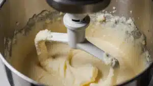 Creaming softened butter in electric mixer until light and fluffy for cream cheese buttercream frosting