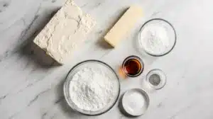 All ingredients needed for cream cheese buttercream frosting recipe arranged on white marble countertop