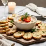 Pimento cheese with cream cheese served on crostini as elegant appetizer with champagne and fresh herb garnish on wooden board