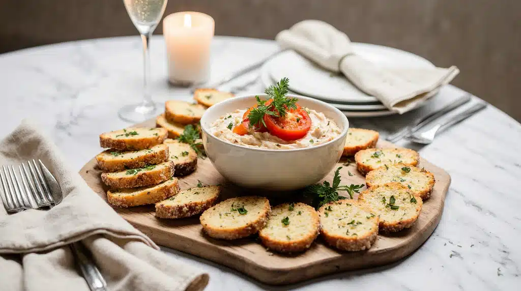 Pimento cheese with cream cheese served on crostini as elegant appetizer with champagne and fresh herb garnish on wooden board
