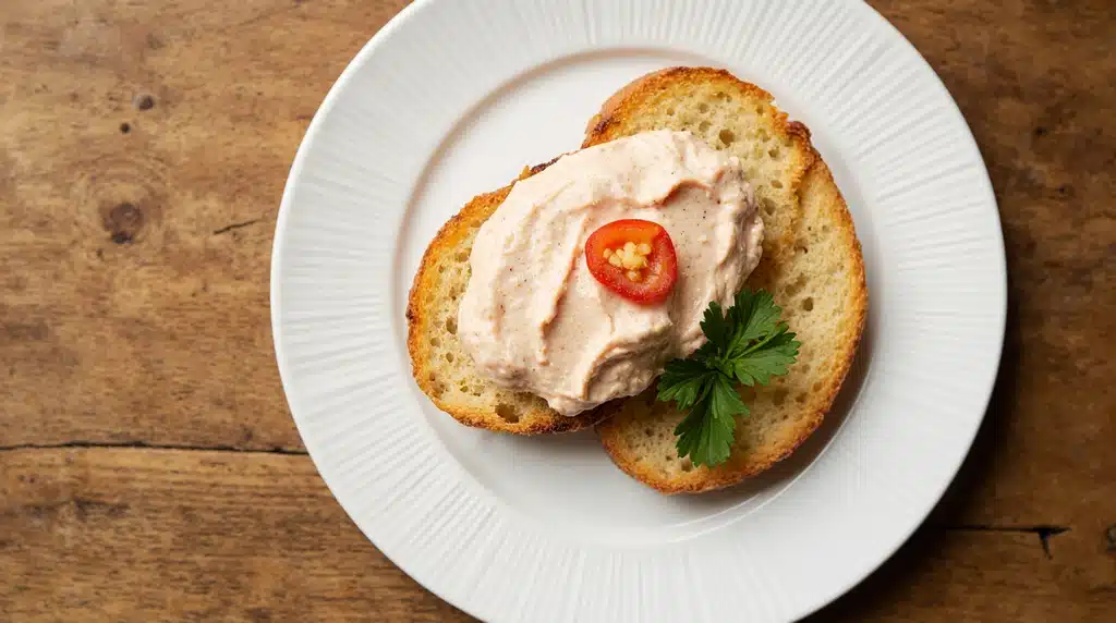 Creamy pimento cheese recipe with cream cheese spread on golden crispy crostini with pimento garnish