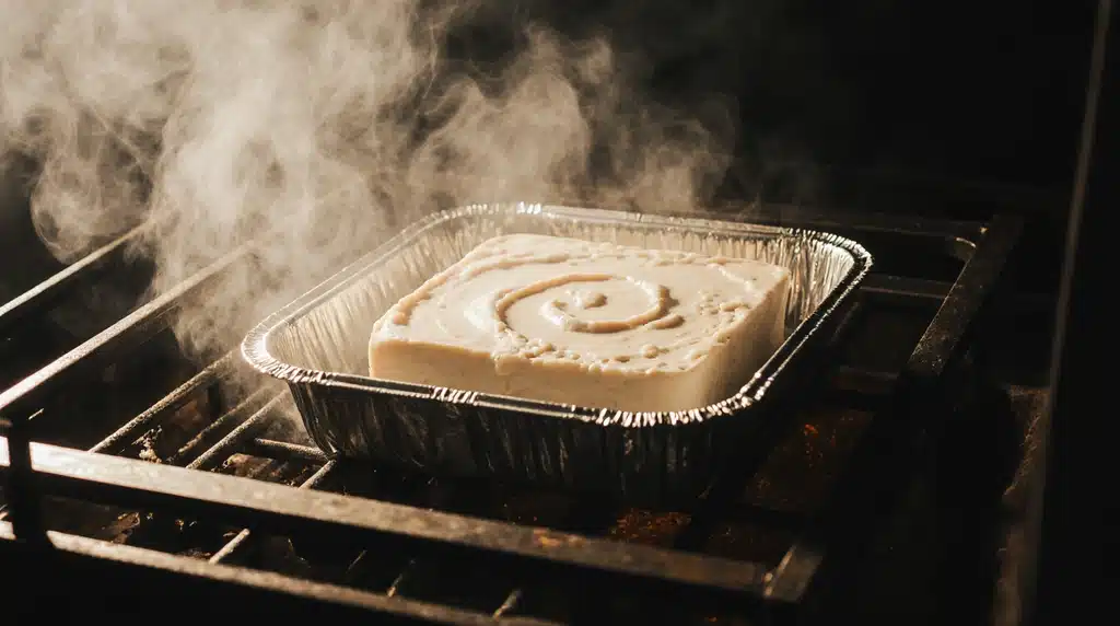 scored smoked cream cheese block in smoker