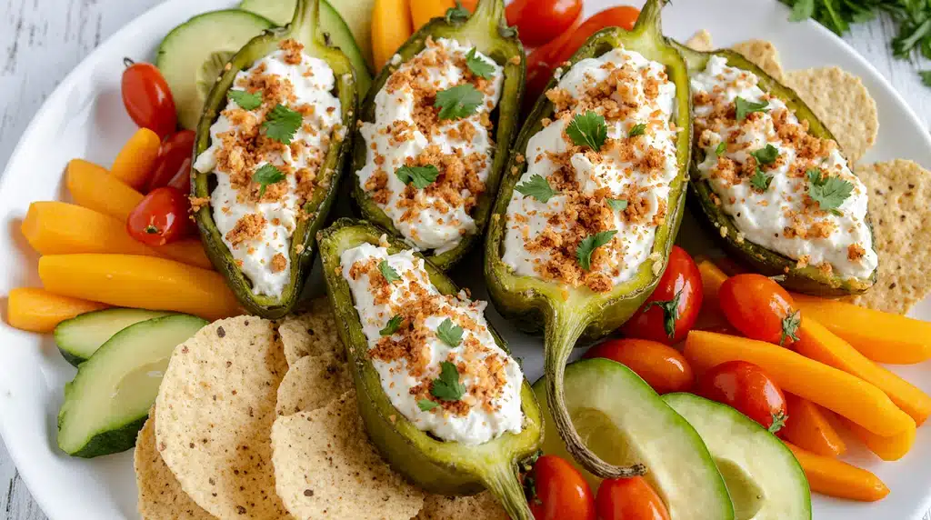 Jalapeno cream cheese stuffed peppers served with chips and veggies