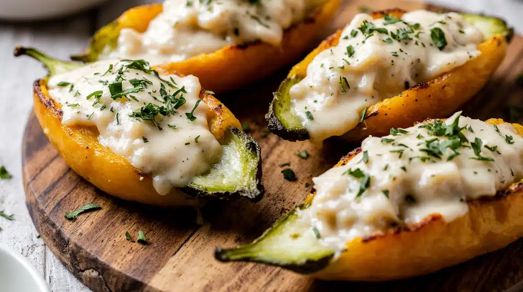 Jalapeno cream cheese stuffed peppers with melted cheese and herbs