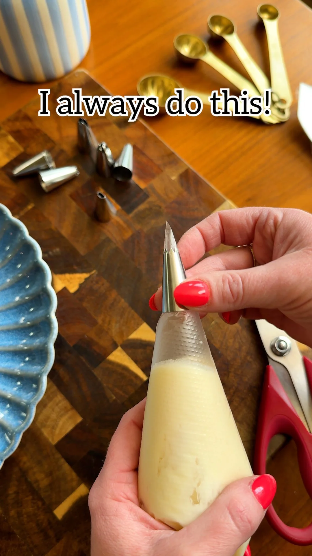 Layered piping bag for easy switching of decorating tips in cake decorating.